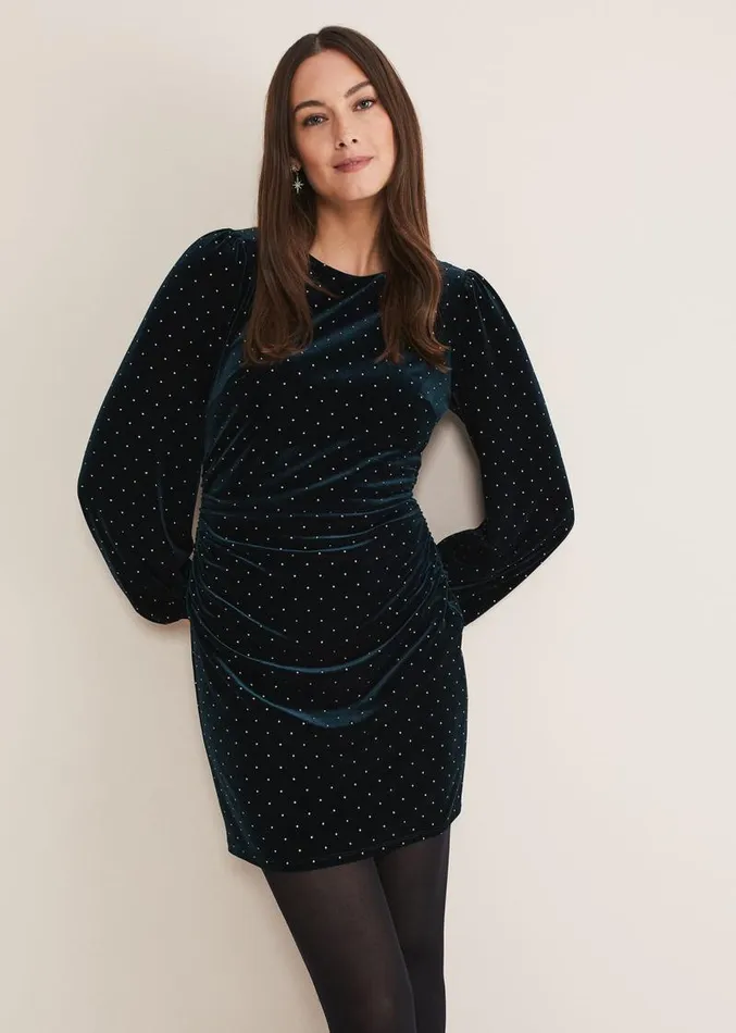 Adele Studded Velvet Dress Dark Teal Women Phase Eight Dresses