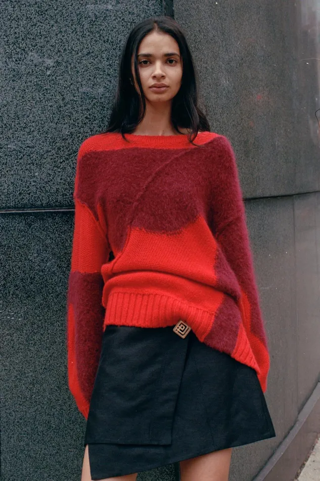 Aje Addie Intarsia Knit Jumper Scarlet Redgarnet Red Women Knitwear and Jumpers