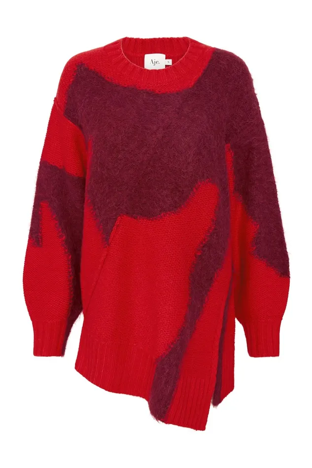 Aje Addie Intarsia Knit Jumper Scarlet Redgarnet Red Women Knitwear and Jumpers
