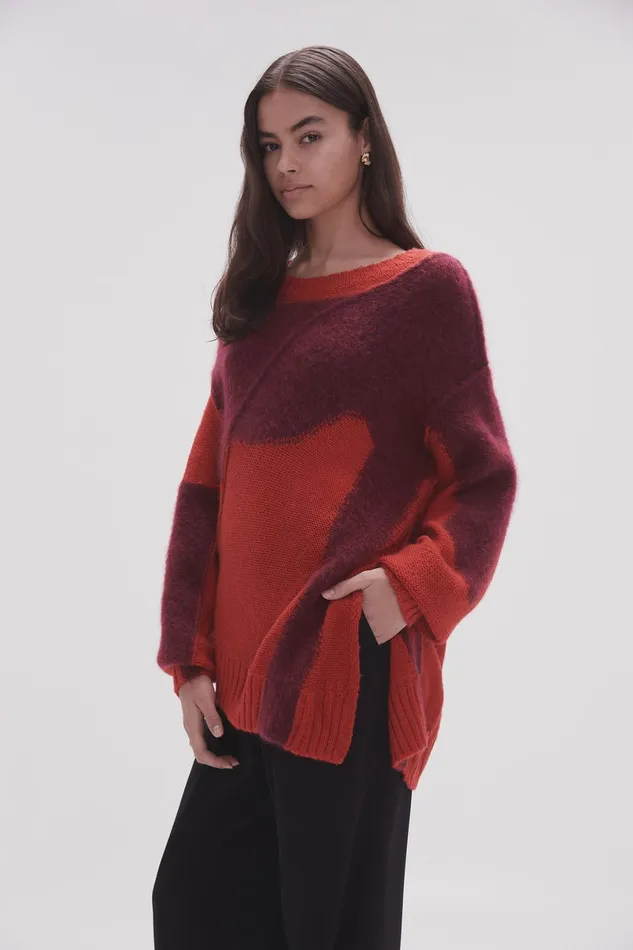 Aje Addie Intarsia Knit Jumper Scarlet Redgarnet Red Women Knitwear and Jumpers