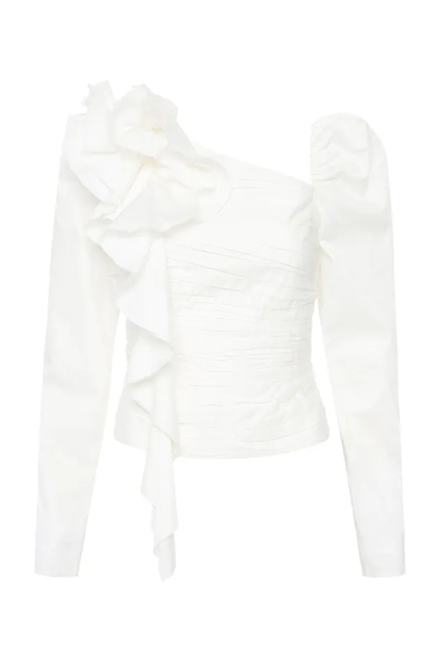 Aje Adelia Ruffle Long Sleeve Top Ivory Women Tops