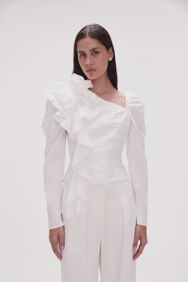 Aje Adelia Ruffle Long Sleeve Top Ivory Women Tops