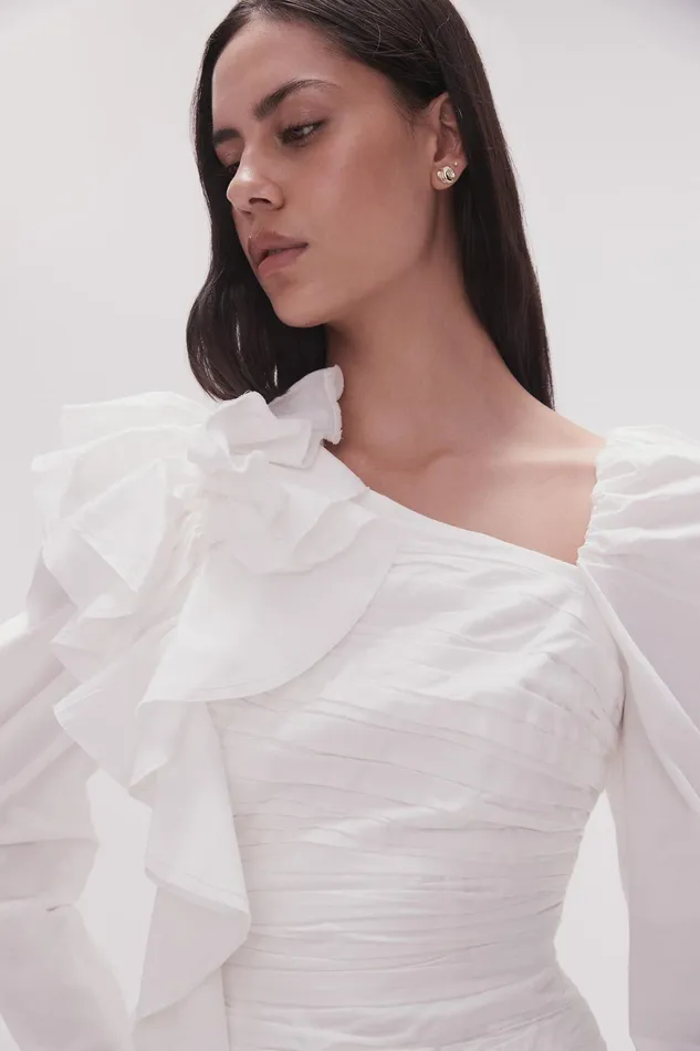 Aje Adelia Ruffle Long Sleeve Top Ivory Women Tops