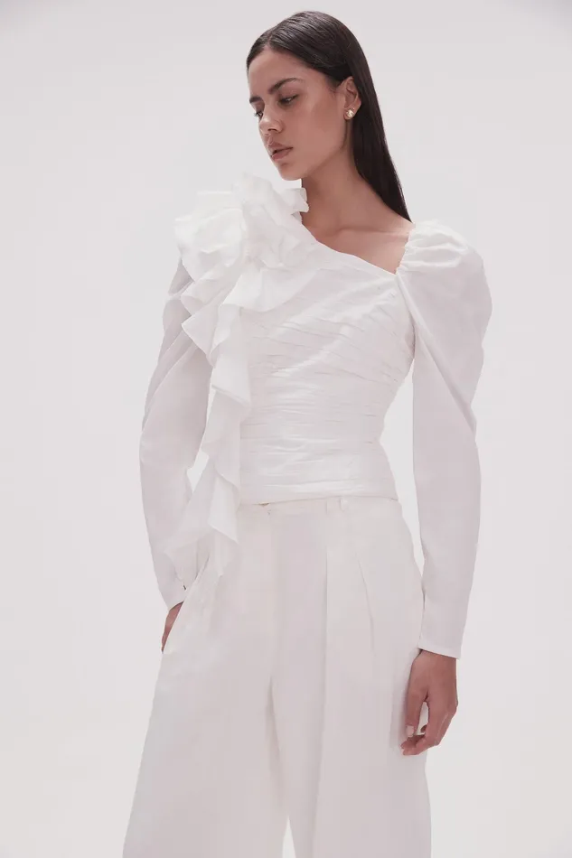 Aje Adelia Ruffle Long Sleeve Top Ivory Women Tops