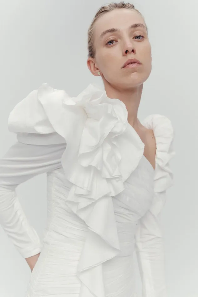 Aje Adelia Ruffle Long Sleeve Top Ivory Women Tops