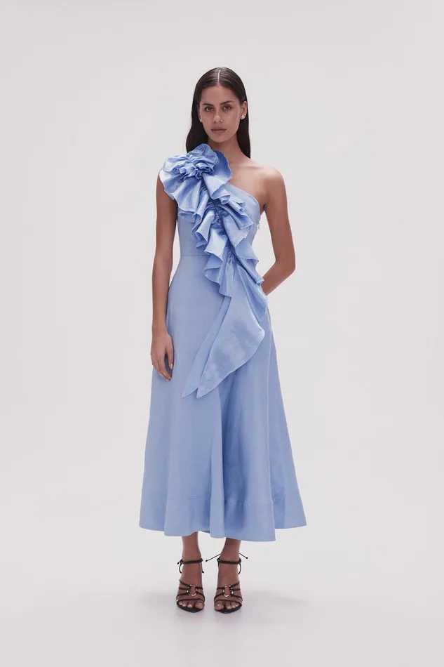 Aje Adelia Ruffle Midi Dress Light Sky Blue Women Dresses