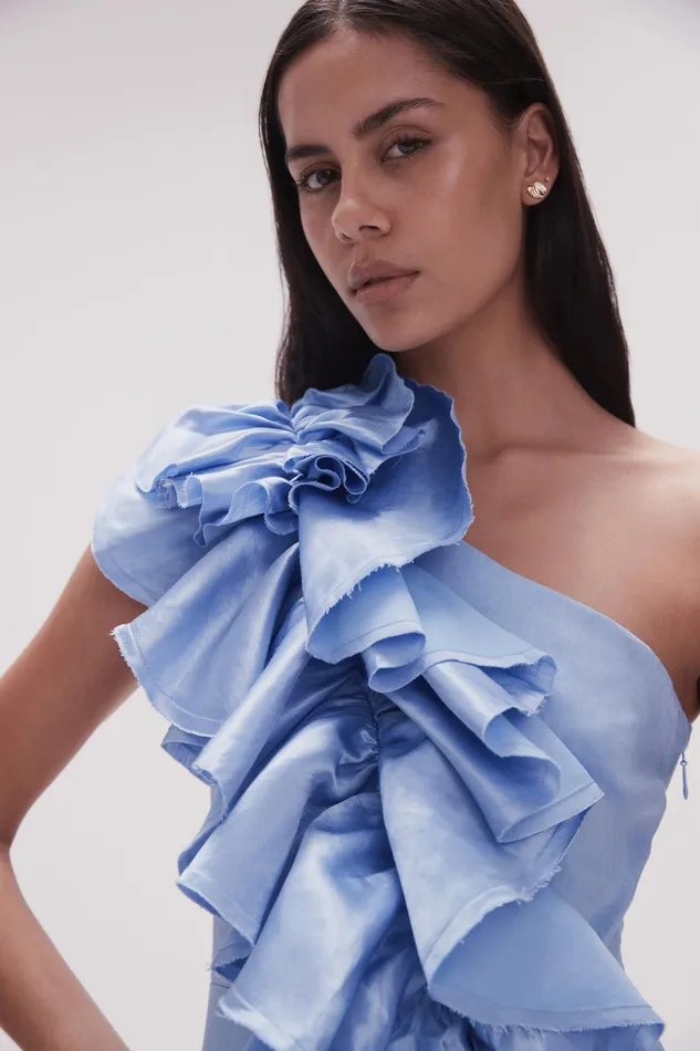 Aje Adelia Ruffle Midi Dress Light Sky Blue Women Dresses