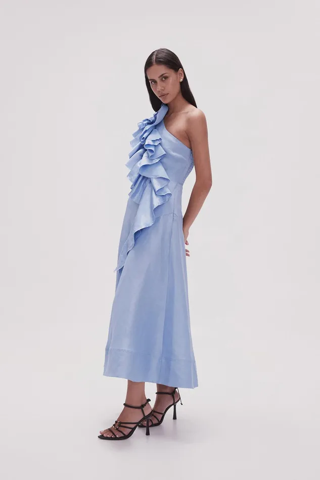 Aje Adelia Ruffle Midi Dress Light Sky Blue Women Dresses