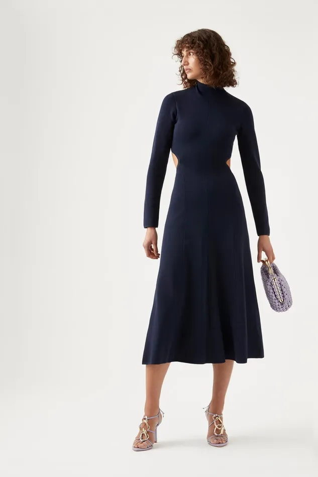 Aje Anika Cut Out Knit Dress Navy Blue Women Body and Crepe Knit