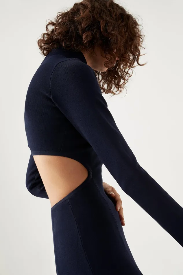 Aje Anika Cut Out Knit Dress Navy Blue Women Body and Crepe Knit