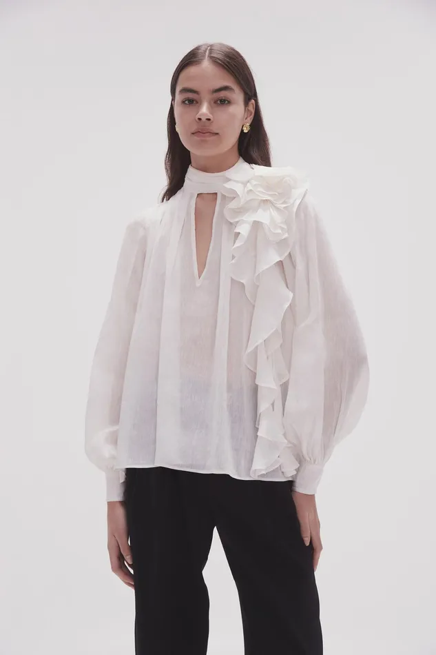 Aje Aura Frilled Tie Blouse Ivory Women Tops