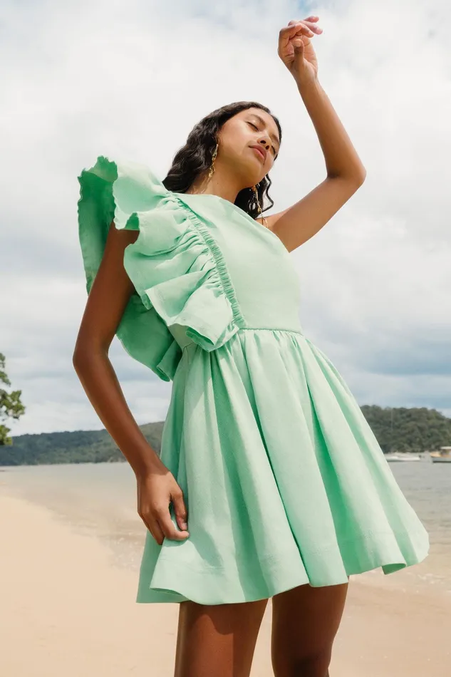 Aje Bonjour Asymmetric Mini Dress Marine Green Women Dresses
