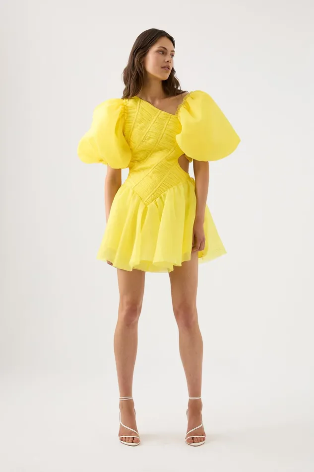 Aje Dawn Ruched Mini Dress Sunflower Yellow Women Dresses