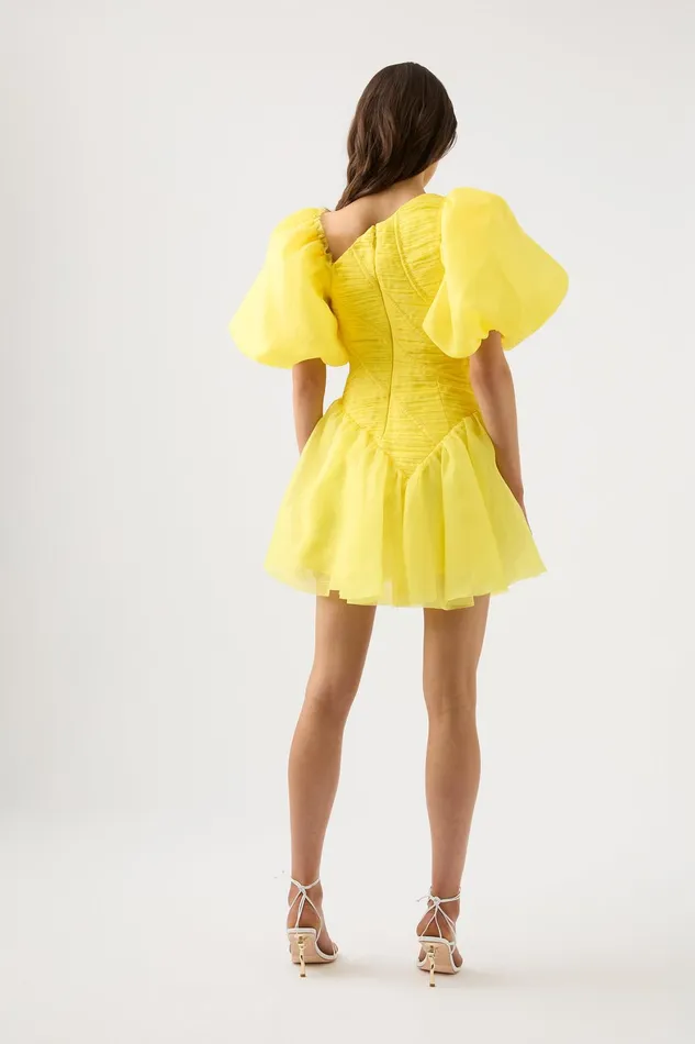 Aje Dawn Ruched Mini Dress Sunflower Yellow Women Dresses