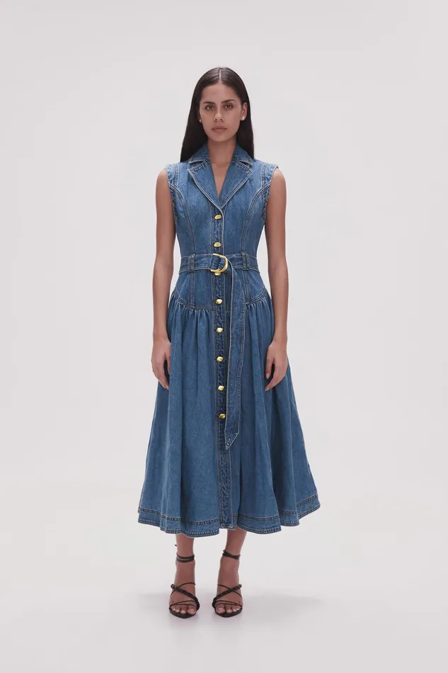 Aje Elena Belted Denim Midi Dress 90039s Wash Women Dresses