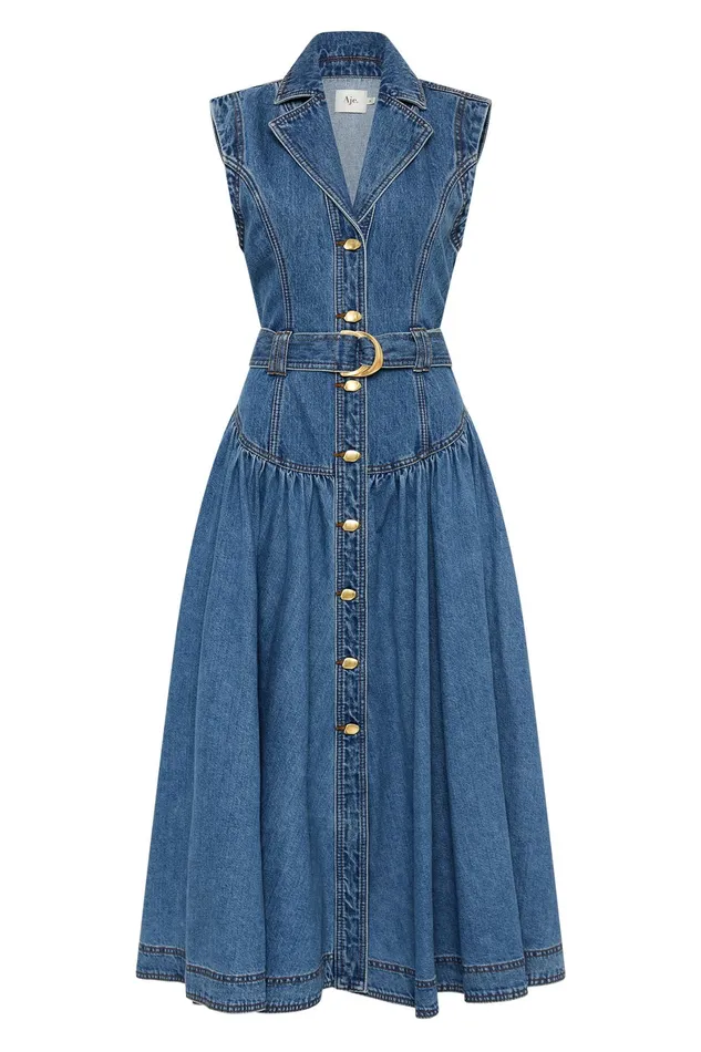 Aje Elena Belted Denim Midi Dress 90039s Wash Women Dresses