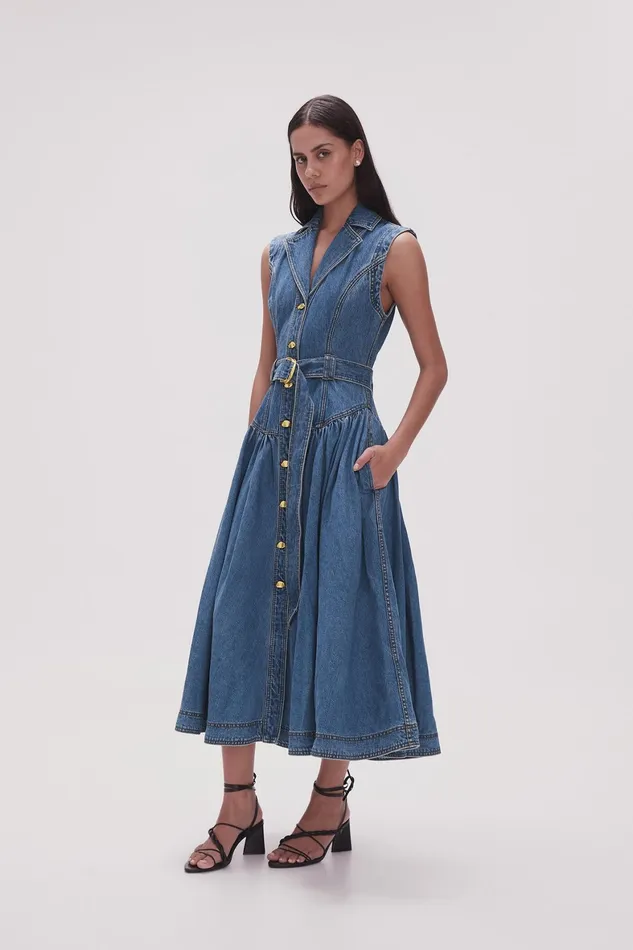 Aje Elena Belted Denim Midi Dress 90039s Wash Women Dresses