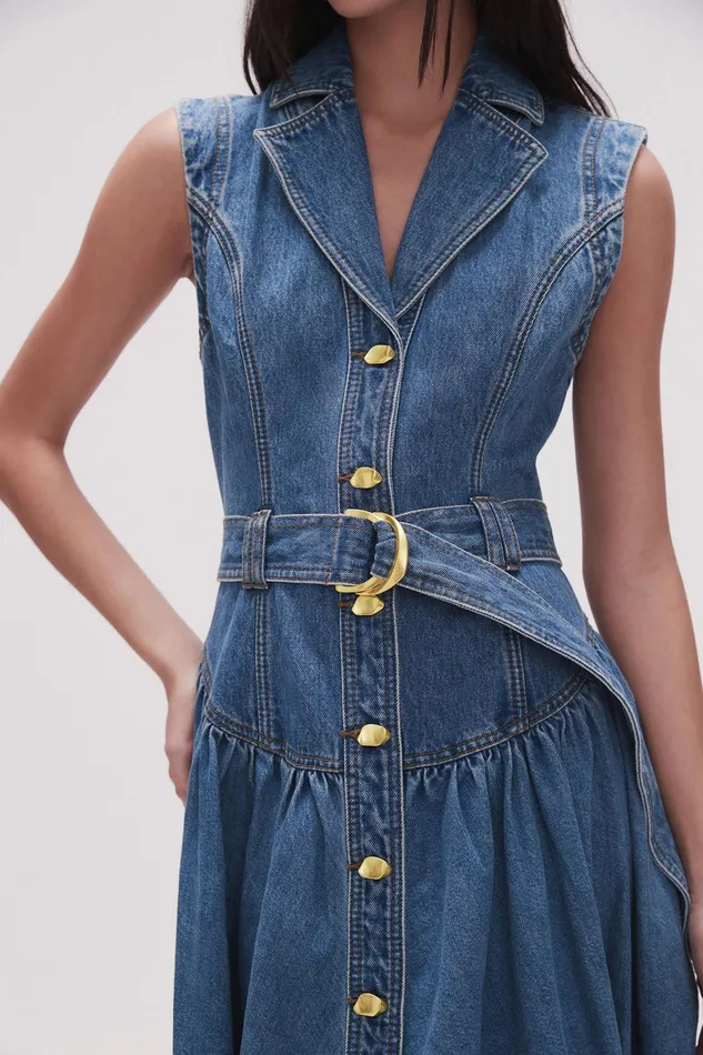 Aje Elena Belted Denim Midi Dress 90039s Wash Women Dresses