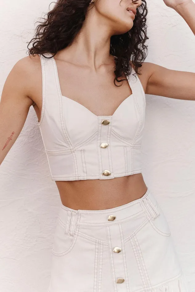 Aje Elena Denim Cropped Bustier White Women Tops