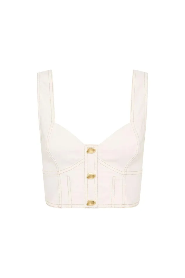 Aje Elena Denim Cropped Bustier White Women Tops
