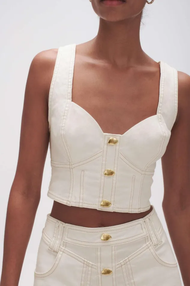 Aje Elena Denim Cropped Bustier White Women Tops