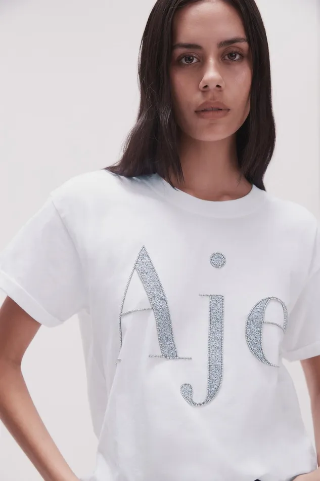 Aje Ella Embellished Logo Tee Whitesilver Women Tees