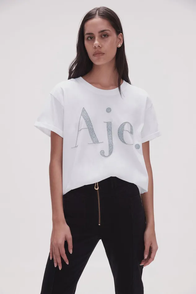Aje Ella Embellished Logo Tee Whitesilver Women Tees