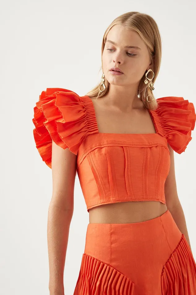 Aje Imagination Frill Sleeve Top Orange Women Tops