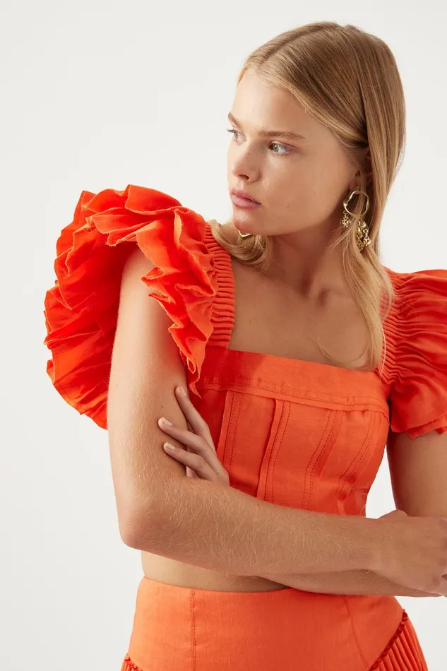 Aje Imagination Frill Sleeve Top Orange Women Tops