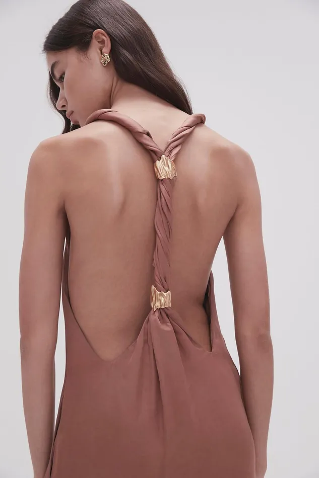 Aje Intrigue Twist Back Midi Dress Chocolate Brown Women Dresses