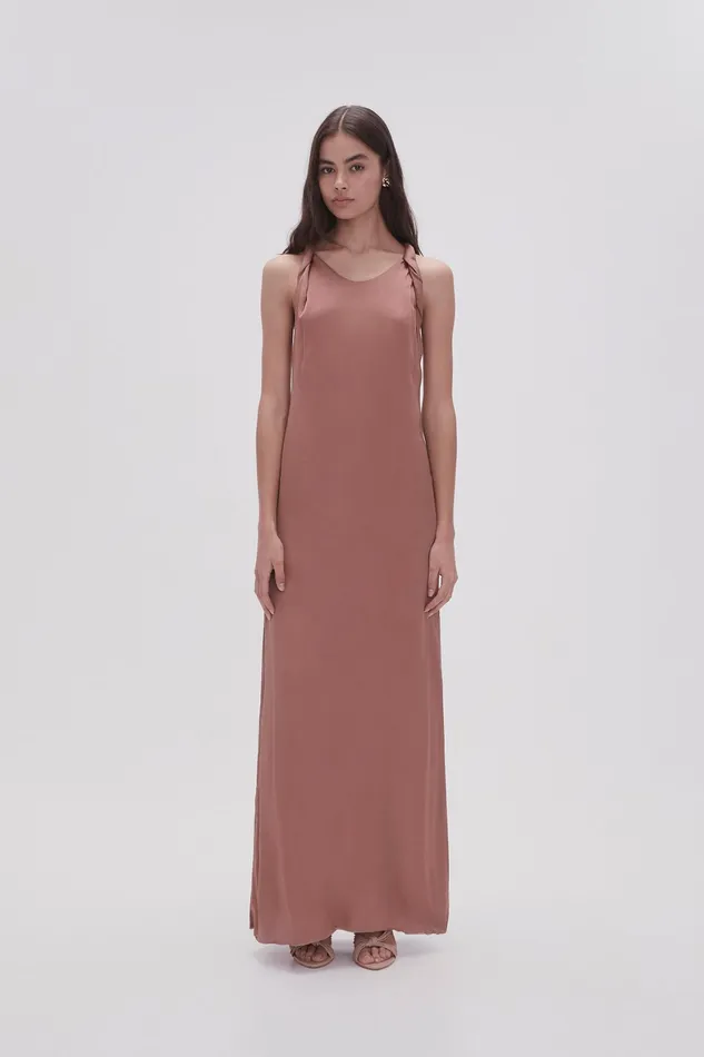 Aje Intrigue Twist Back Midi Dress Chocolate Brown Women Dresses