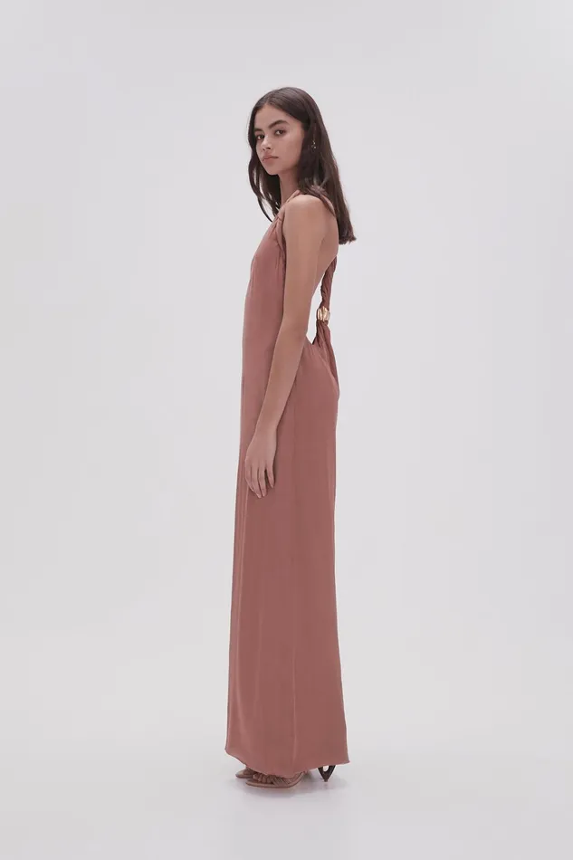 Aje Intrigue Twist Back Midi Dress Chocolate Brown Women Dresses