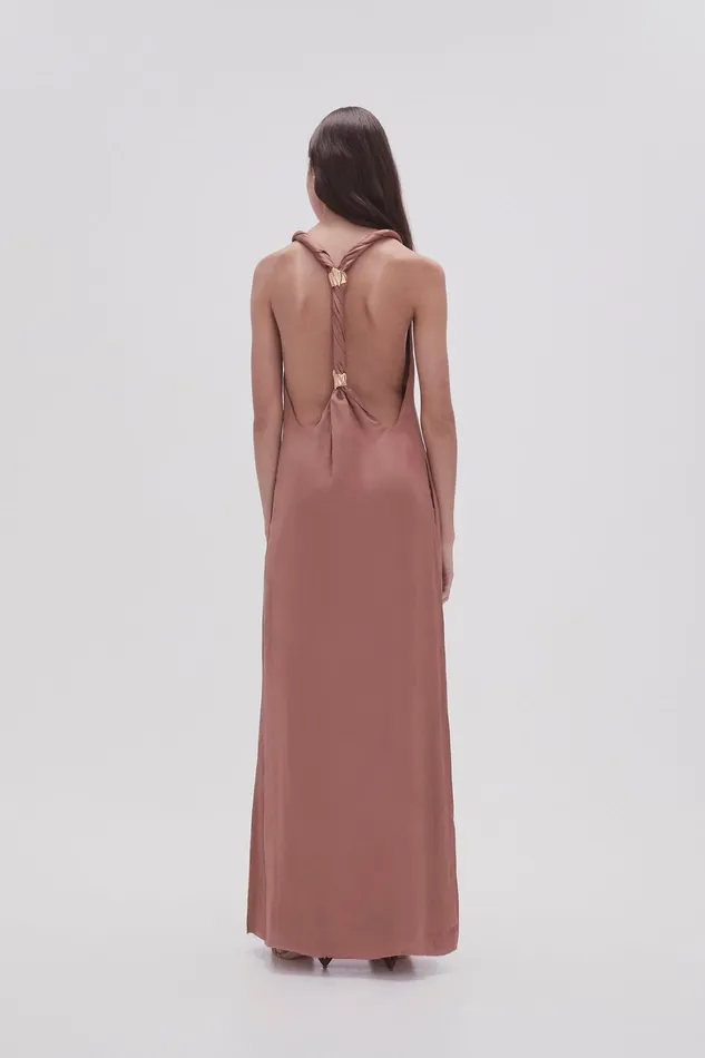 Aje Intrigue Twist Back Midi Dress Chocolate Brown Women Dresses