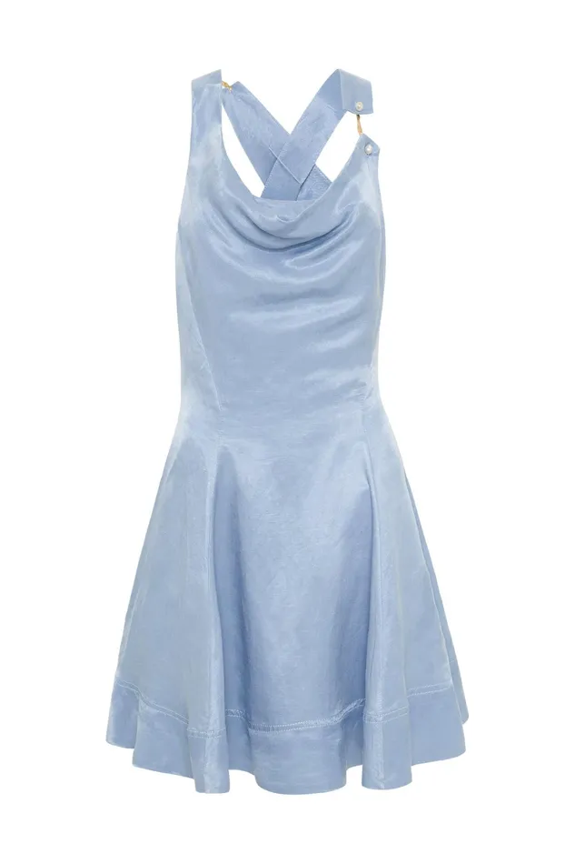 Aje Liberty Asymmetric Mini Dress Steel Blue Women Dresses