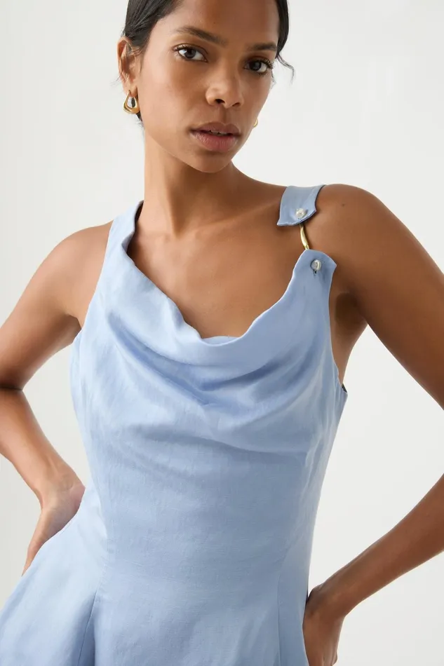 Aje Liberty Asymmetric Mini Dress Steel Blue Women Dresses