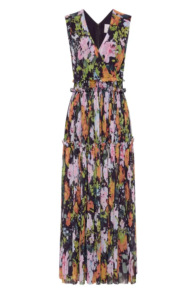 Aje Marlowe Shirred Midi Dress Midnight Floral Women Dresses