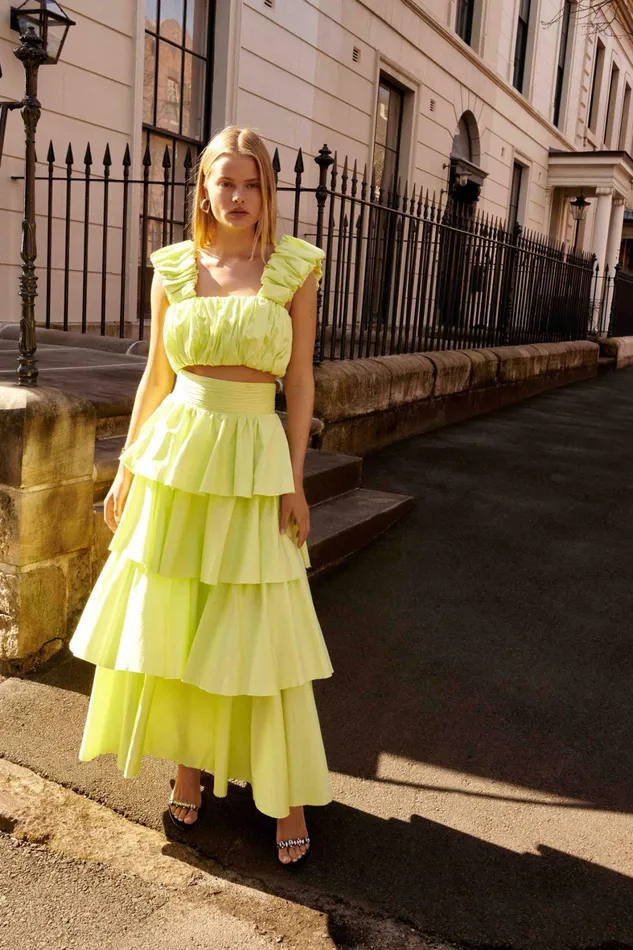 Aje Medina Tiered Midi Skirt Light Lemon Women Skirts