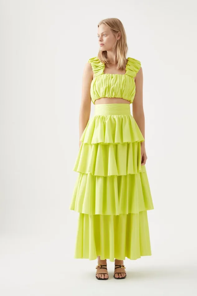 Aje Medina Tiered Midi Skirt Light Lemon Women Skirts