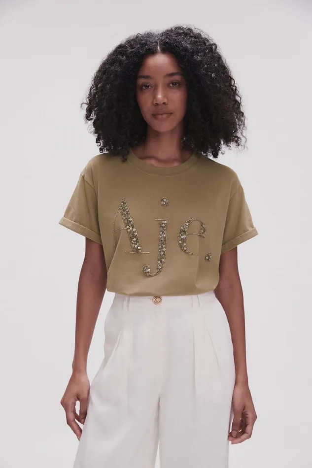 Aje Peggy Embellished Logo Tee Desert Khaki Women Tees