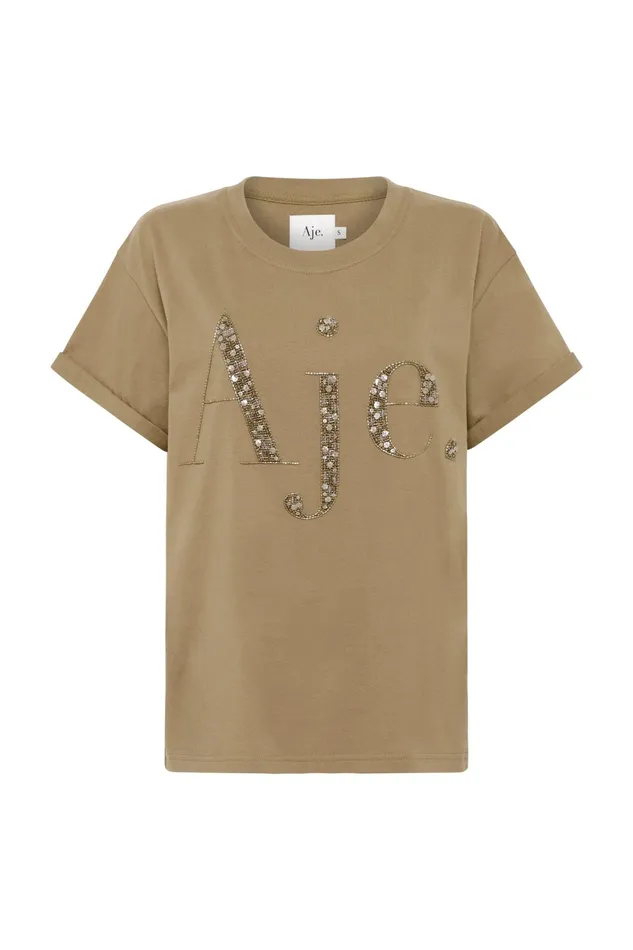 Aje Peggy Embellished Logo Tee Desert Khaki Women Tees