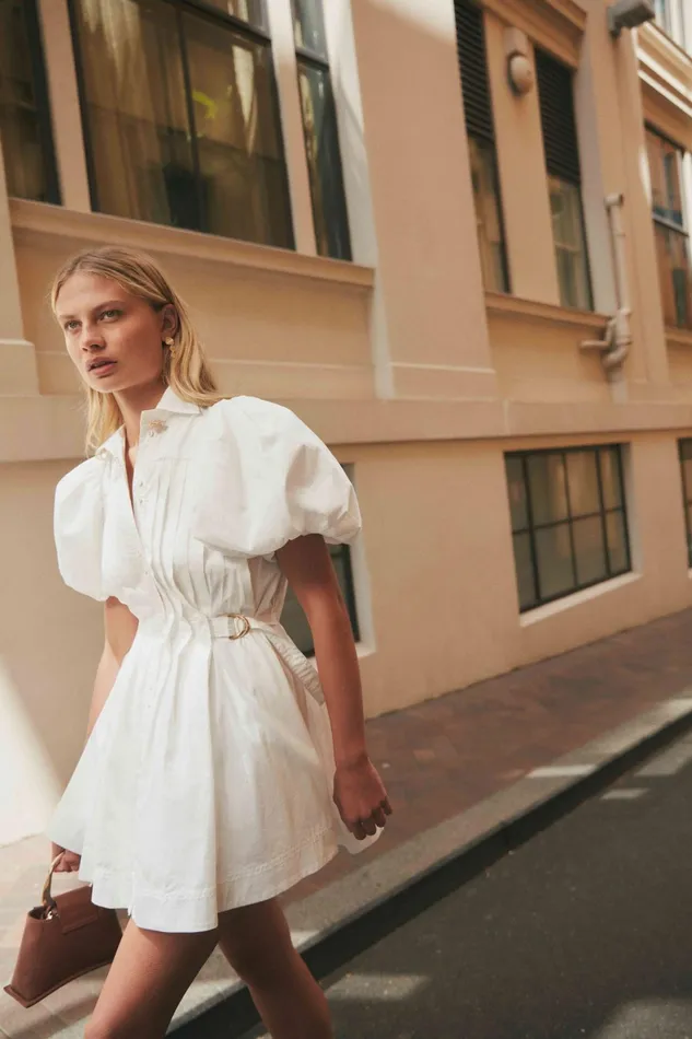 Aje Prairie Pleated Mini Dress Ivory Women Dresses