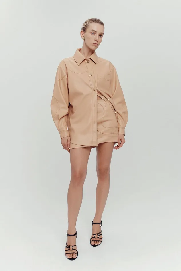 Aje Priscilla Scalloped Shacket Sand Beige Women Leather