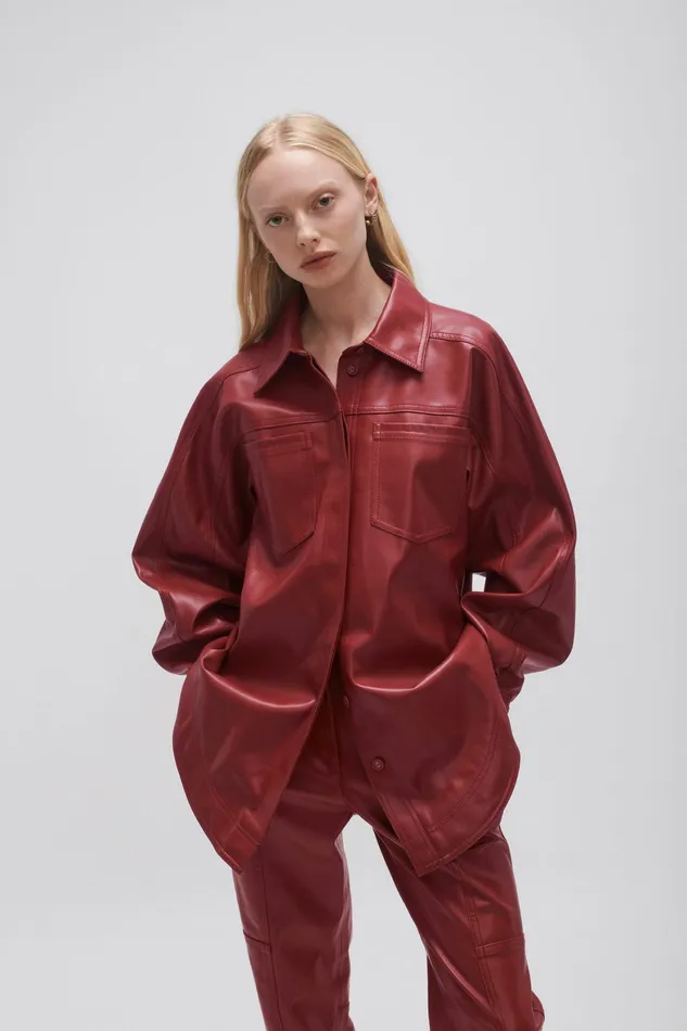 Aje River Vegan Leather Shirt Mahogany Red Women Tops