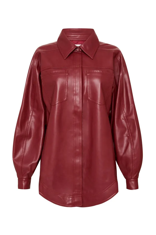 Aje River Vegan Leather Shirt Mahogany Red Women Tops