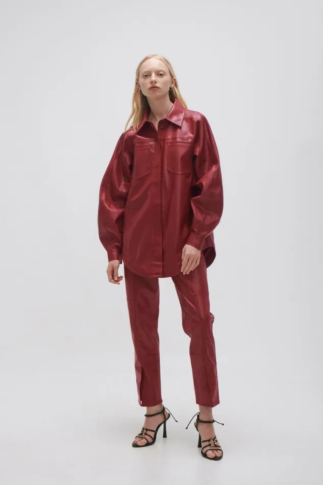 Aje River Vegan Leather Shirt Mahogany Red Women Tops