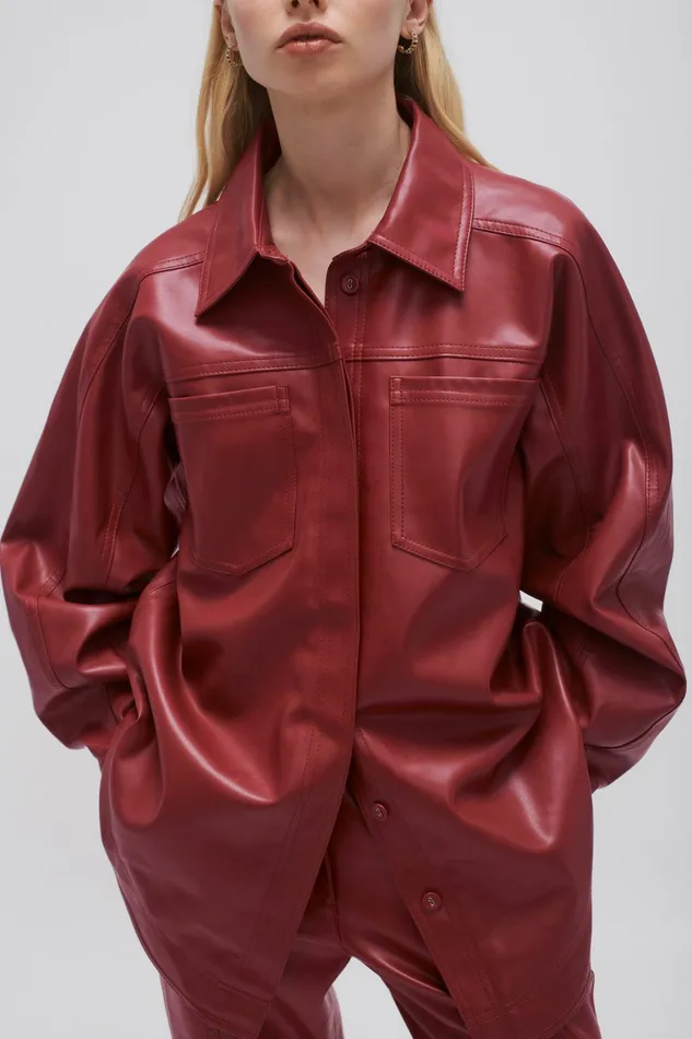 Aje River Vegan Leather Shirt Mahogany Red Women Tops