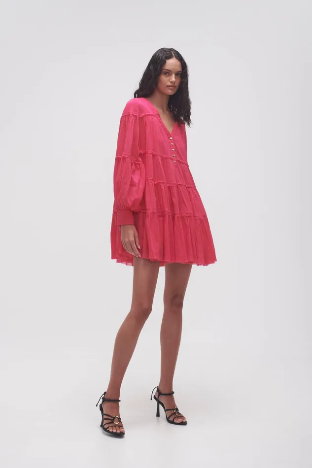 Aje Sally Tiered Plunge Mini Dress Hot Pink Women Dresses