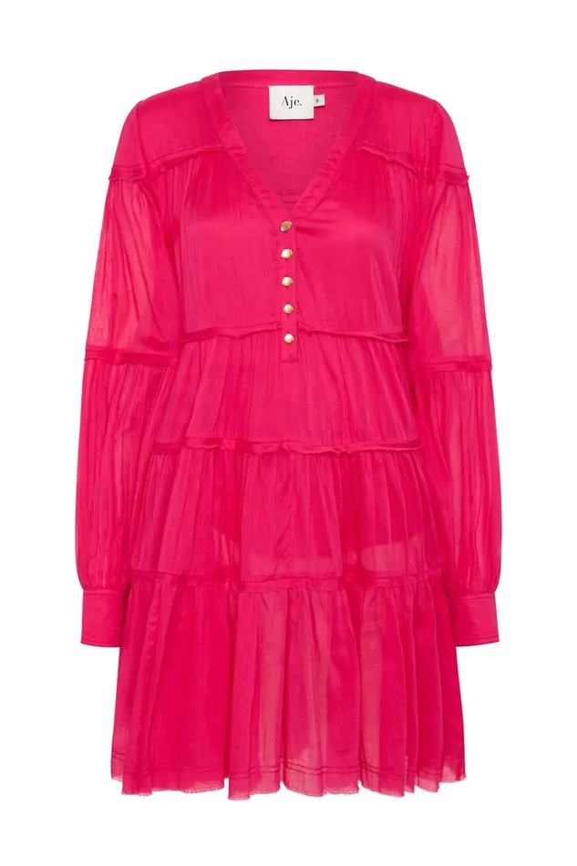 Aje Sally Tiered Plunge Mini Dress Hot Pink Women Dresses
