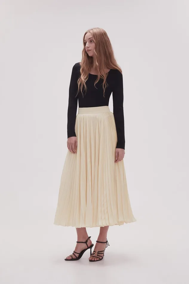 Aje Wondrous Pleated Satin Skirt Champagne Cream Women Skirts