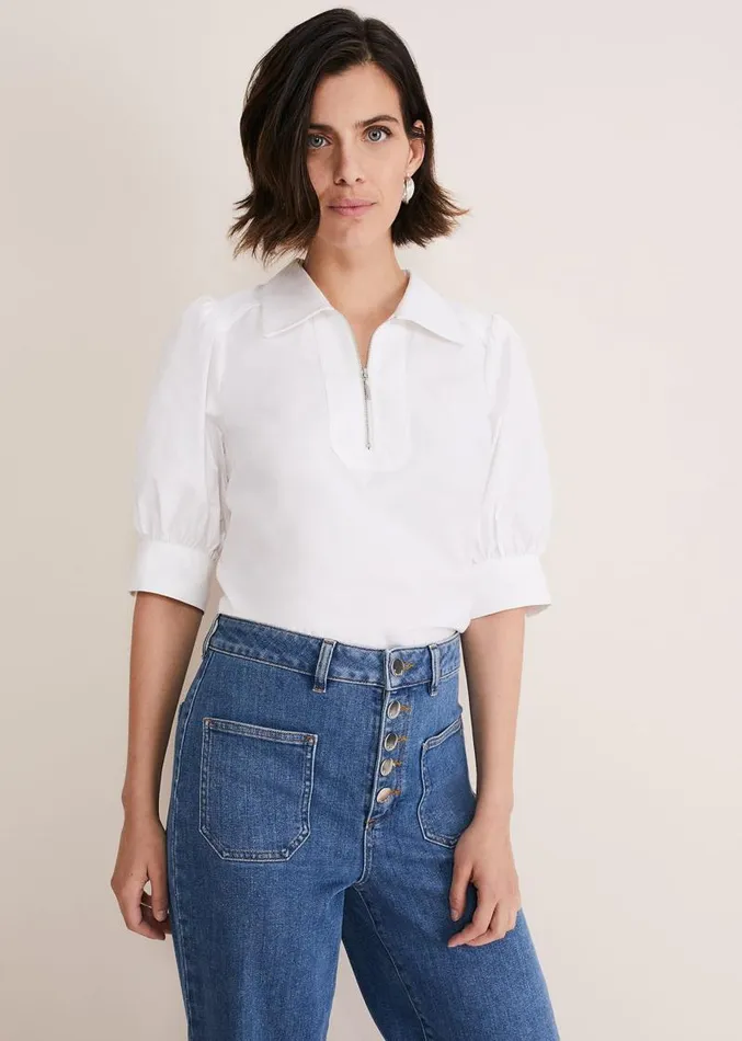 Alannah Puff Sleeve Zip Collar Blouse White Women Phase Eight Shirts and Blouses